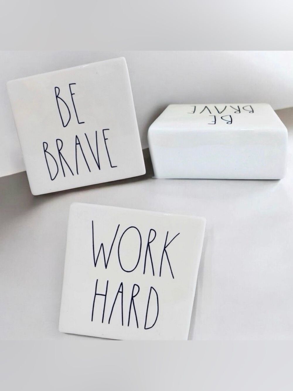 NWT Rae Dunn WORK HARD BE BRAVE White Office Inspirational Paperweight Tabletop